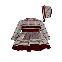 Load image into Gallery viewer, Grey & Green/Red Girls Dress & Bonnet