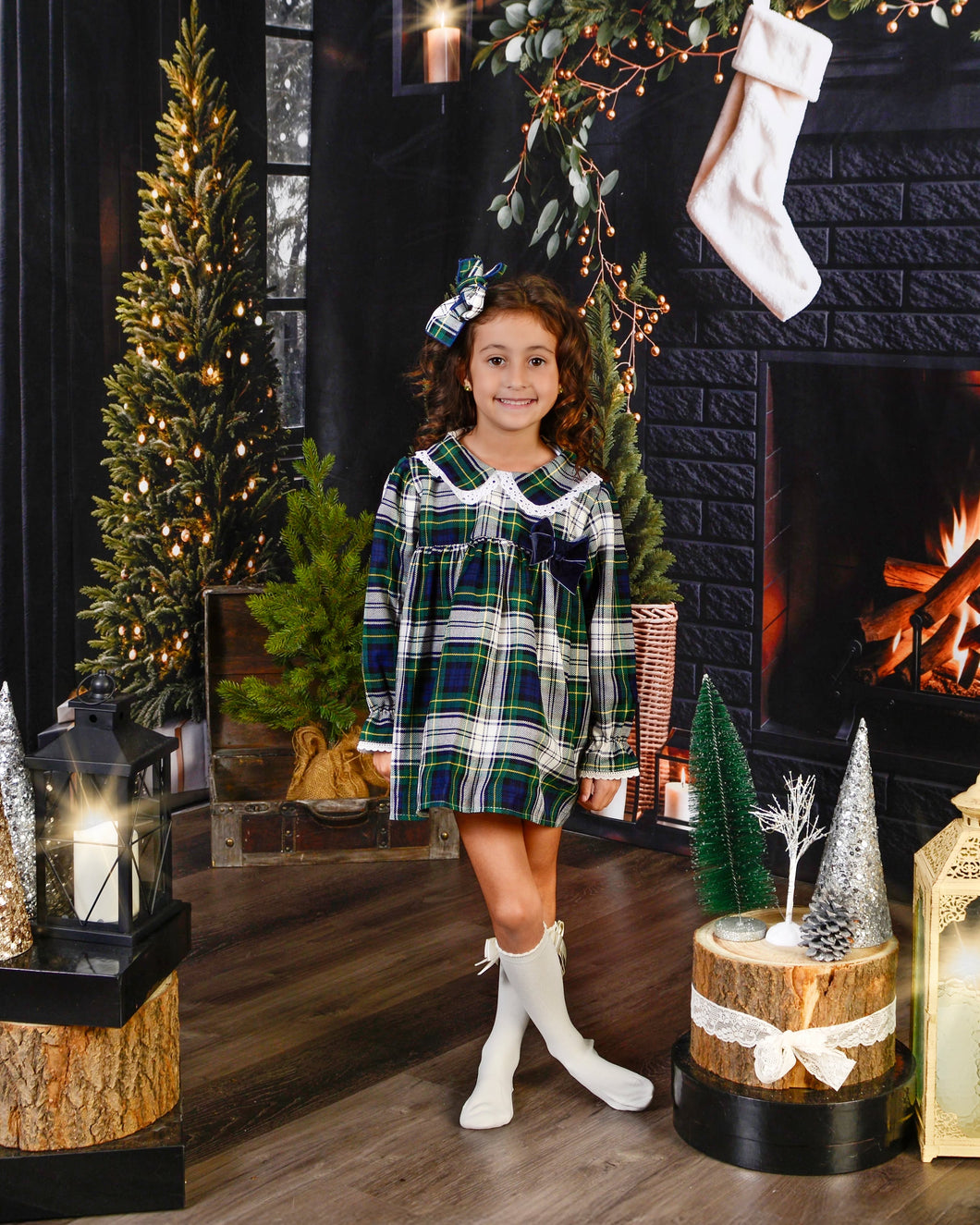 Navy Green Checkered Dress