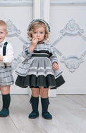 Grey & Green/Red Girls Dress & Bonnet