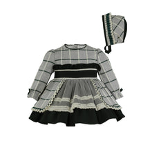 Load image into Gallery viewer, Grey &amp; Green/Red Girls Dress &amp; Bonnet
