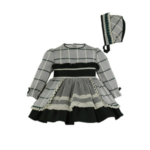 Grey & Green/Red Girls Dress & Bonnet